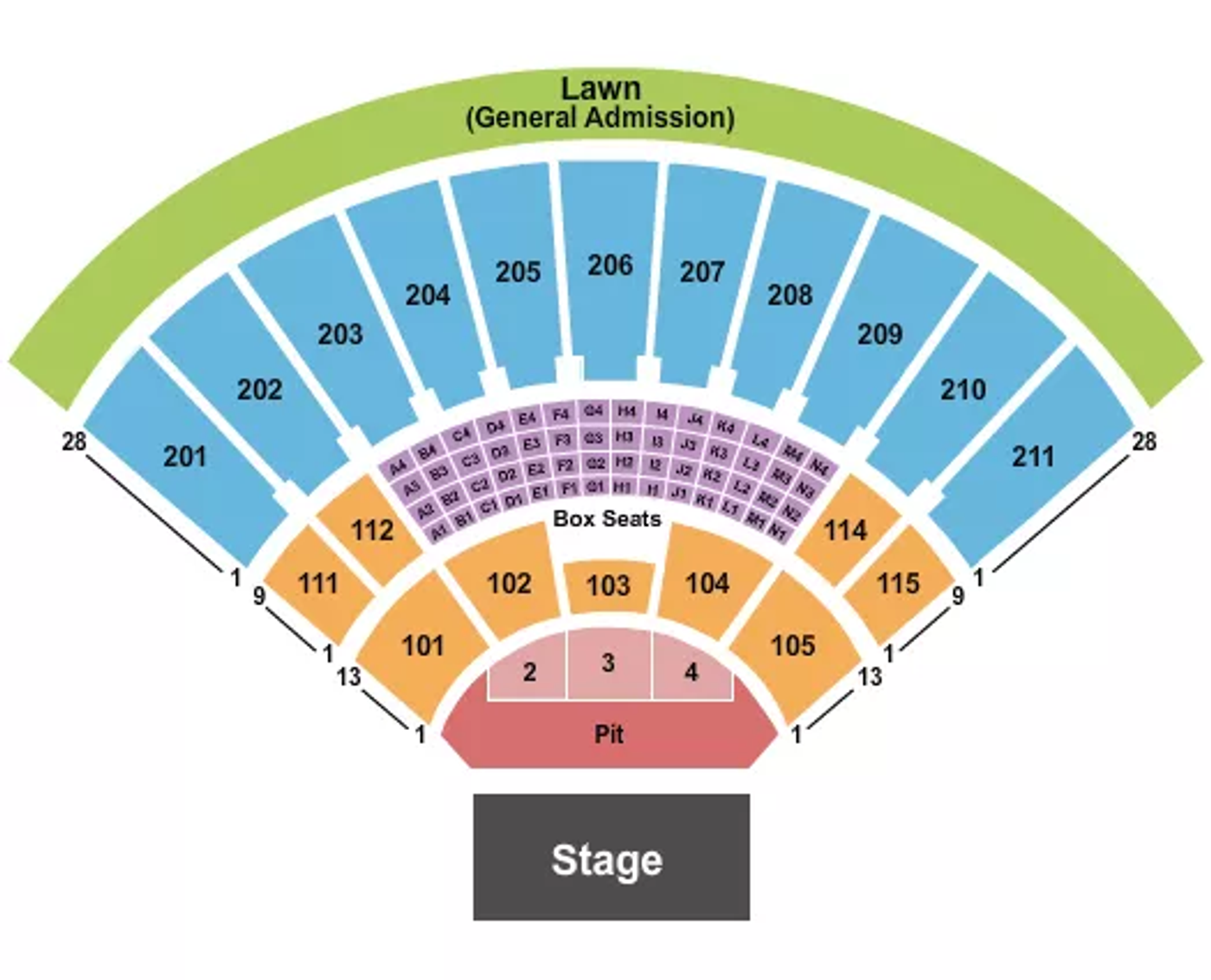 Tap to zoom Toyota Amphitheater seating chart with an expanded general admission pit wrapping the stage
