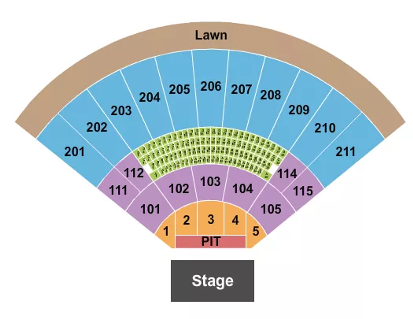 Tap to zoom Toyota Amphitheater seating chart with a narrow standing pit at the stage and reserved sections 1 through 5 behind it