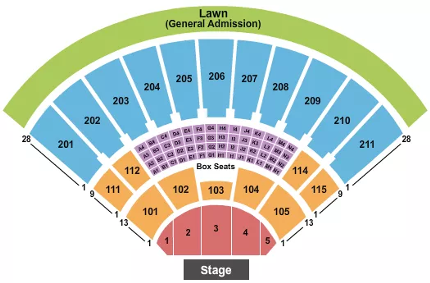 Tap to zoom Toyota Amphitheater seating chart with fully reserved front sections 1 through 5 and no pit