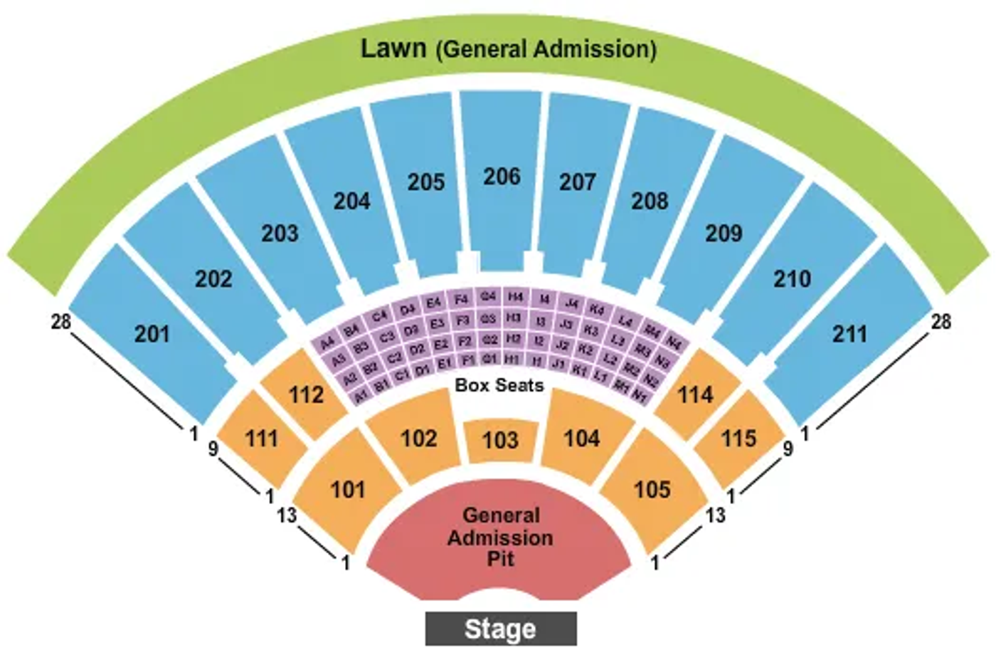 Tap to zoom Toyota Amphitheater seating chart showing the general admission pit, sections 101 through 115, sections 201 through 211, box seats, and the lawn